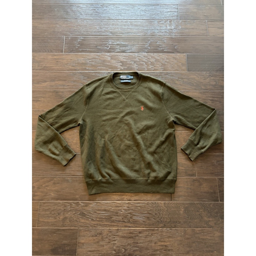 Polo Ralph Lauren Men Large Olive Green 100% Cotton Crewneck Sweater Orange Pony